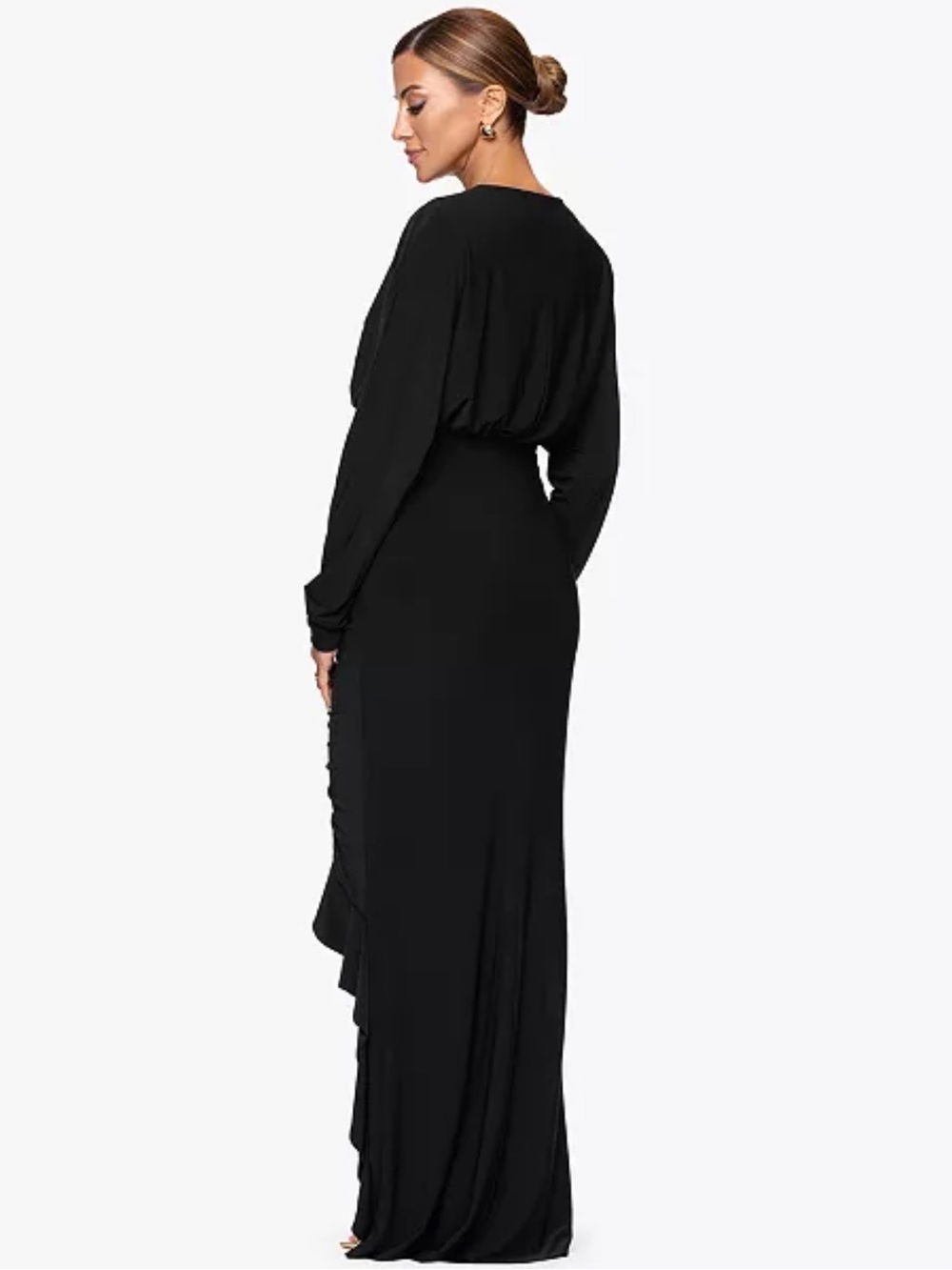 Xscape Black Ruched Ruffle Long Sleeve Evening Gown Size 6 - Picture 3 of 14